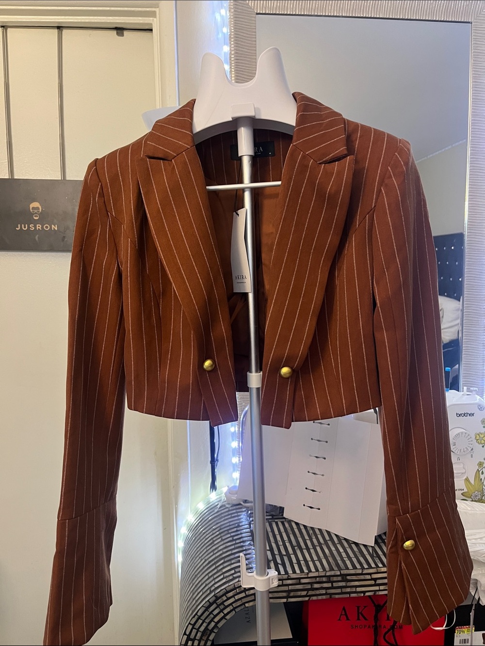 AKIRA Rust Brown Pinstripe Cropped Blazer with Gold Buttons